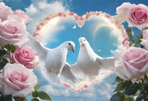 Two white doves flying through a heart of roses.