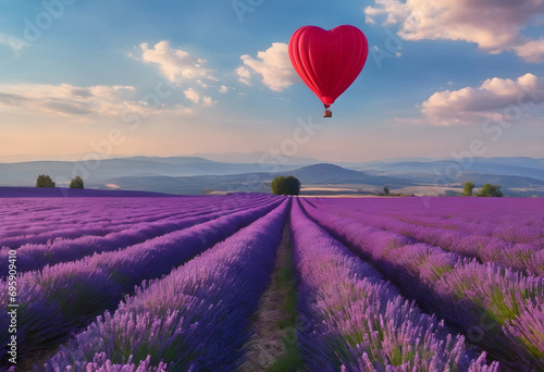 Red heart-shaped hot air balloon flying over the lavender field, Valentine's Day concept.