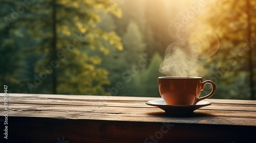 A steaming cup of tea delicately placed on a rustic wooden table, with a serene blurred forest background photo