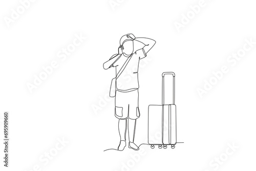 One continuous line drawing of Panic male tourist. Hospital health care concept single line draw design vector illustration 