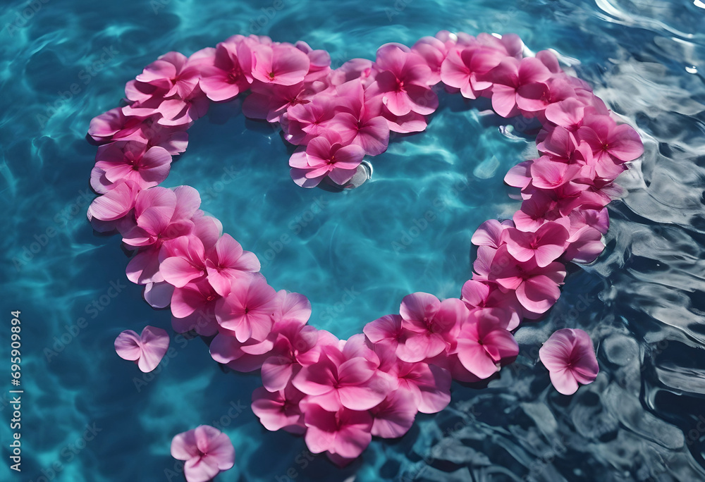 Heart-shaped pink flower petals on a lake
