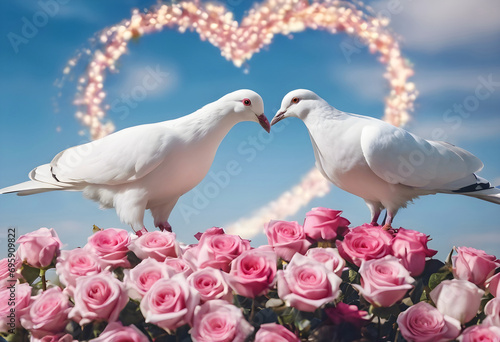 Two lovely white doves standing on roses with a heart in the background.