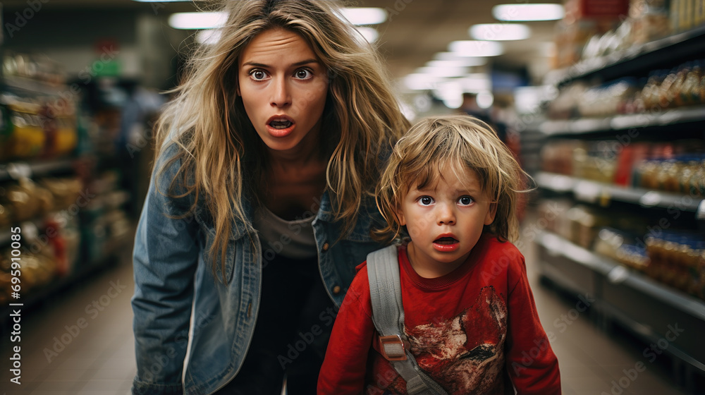 Mom and son are surprised at the store.