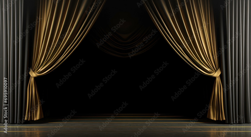 Elegant Stage with Golden Curtains. A sophisticated theater stage with opulent gold drapes against dark background, ready for a premiere performance - obrazy, fototapety, plakaty 