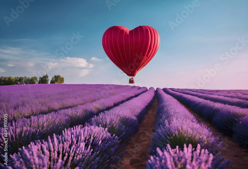 Red heart-shaped hot air balloon flying over the lavender field, Valentine's Day concept.