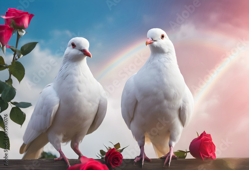 Two lovely white doves with roses.
