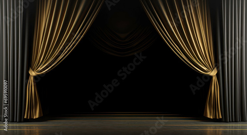Elegant Stage with Golden Curtains. A sophisticated theater stage with opulent gold drapes against dark background, ready for a premiere performance photo