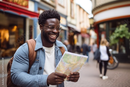 African American man exploring a city, smiling with a map in hand photo