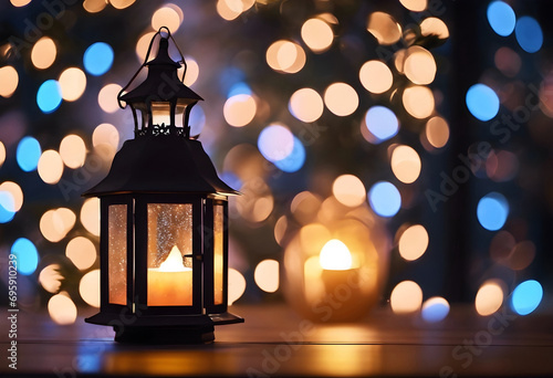 Old Christmas lantern with candle, bokeh lights in the background.