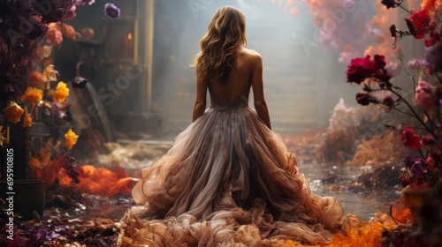 A woman gracefully emerges from a vibrant reef, adorned in a flowing gown of delicate flowers, exuding a timeless elegance and enchanting allure that captures the essence of fashion