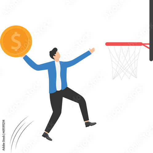 Financial achievement, aiming for savings or investment target, ambition for career development to increase income concept, skillful businessman jumping holding money coin to slam dunk basketball hoop