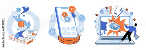 Bitcoin vector illustration. Economic models are adapting to emergence virtual currencies and blockchain technology BTC, abbreviation for Bitcoin, has gained international recognition as leading