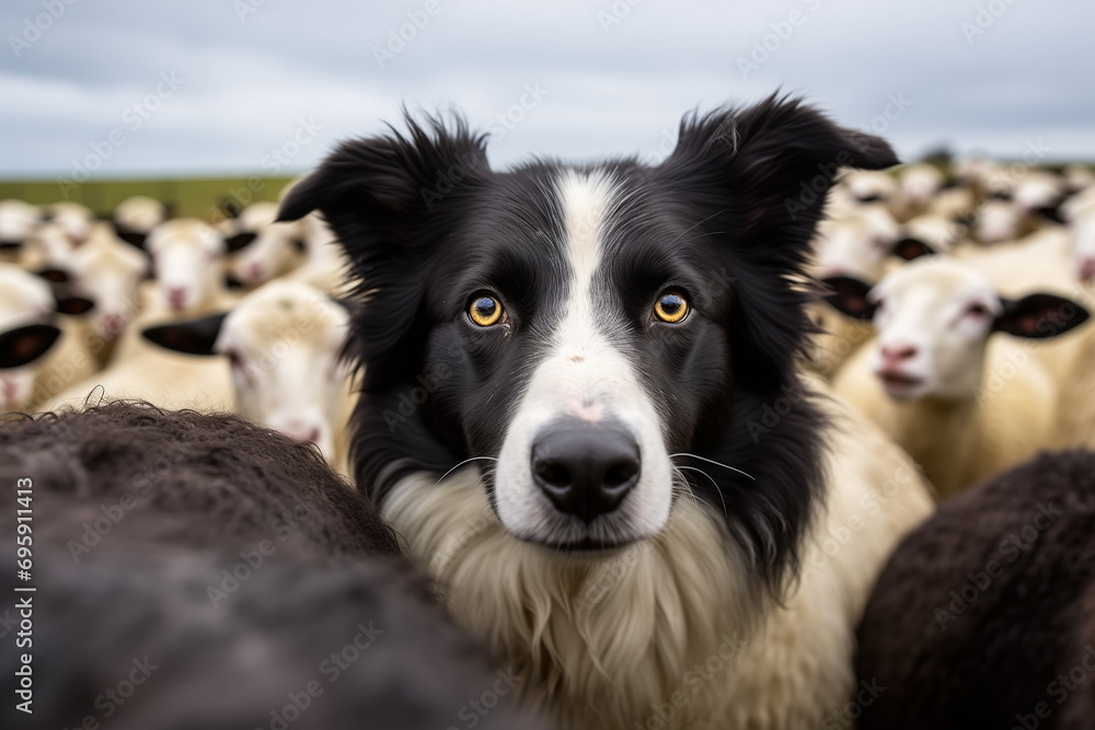 Close up portrait of border collie dog stare intensely at sheep. A working herding dog's eyes