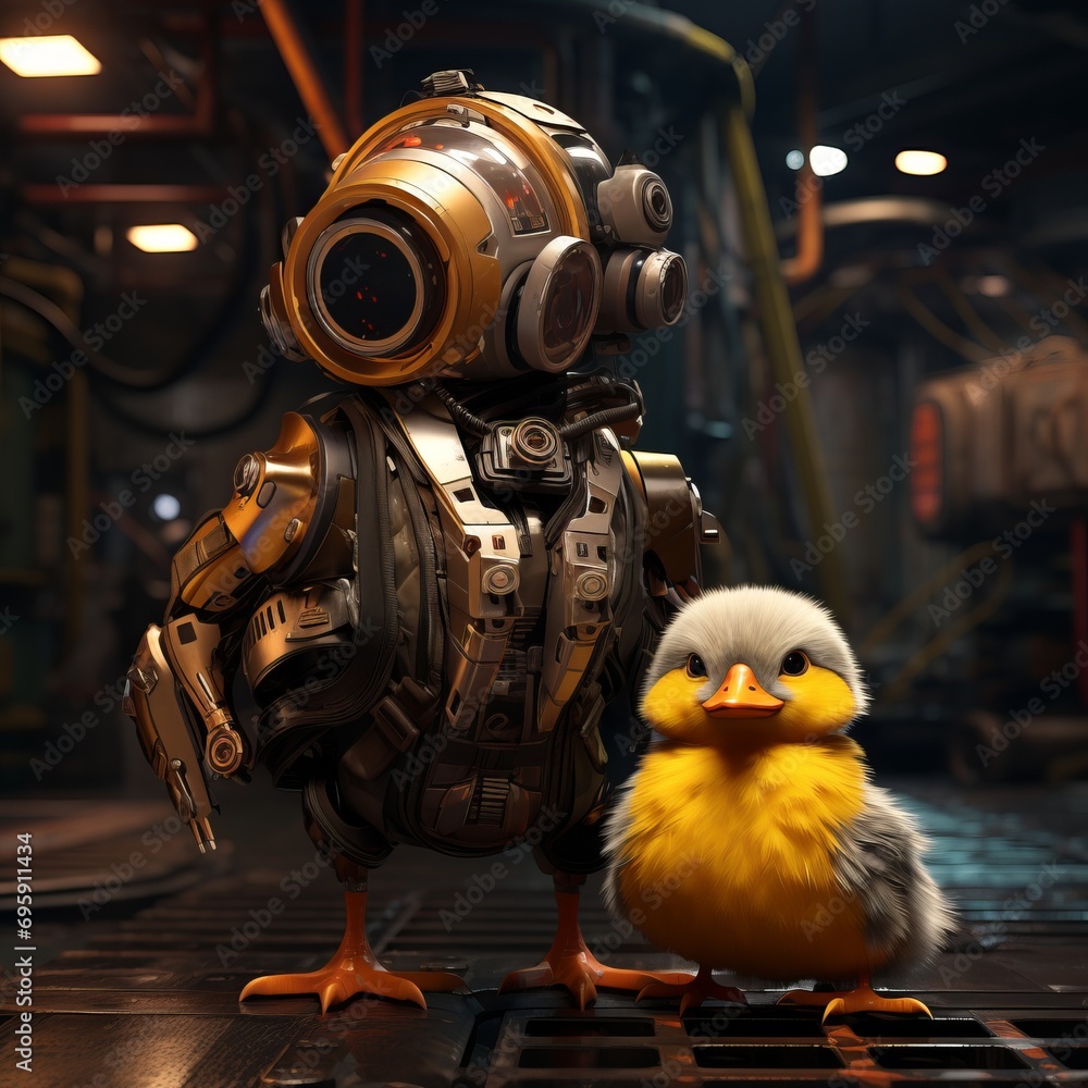 A playful robot and a curious chick bond over a shared love for their yellow toy bird A playful robot and a curious chick bond over a shared love for their yellow toy bird
