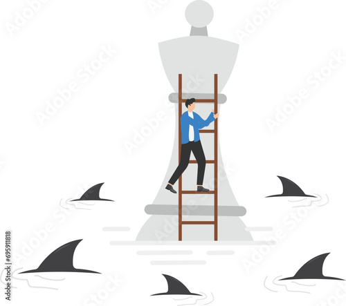 Business survival concept design. Businessman character climbs the chess piece to survive in a crisis situation and is surrounded by a shark symbol. Metaphor vector illustration

