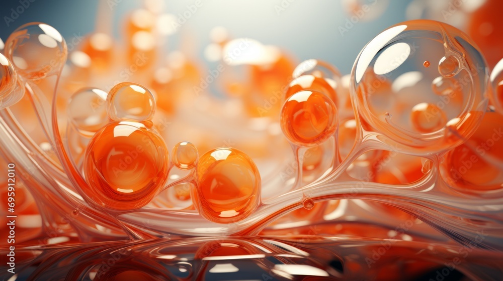 Vibrant orange bubbles dance in a translucent liquid, reflecting the warm hues of amber glass under the soft glow of light