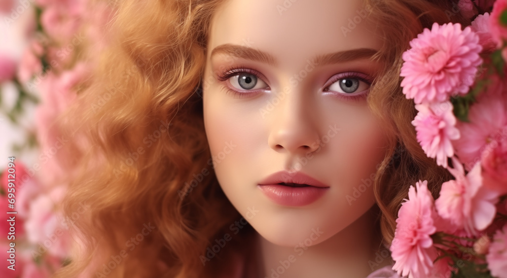 portrait of a young woman with pink eyeshadow and flowers portrait of a young woman with pink eyeshadow and flowers