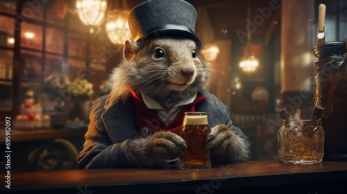 A dapper squirrel, dressed in a top hat and fur coat, sits atop a building holding a bottle of beer like a sophisticated teddy bear in an indoor setting