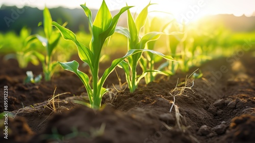 rows of young corn plants growing on the field, agricultural concept photo