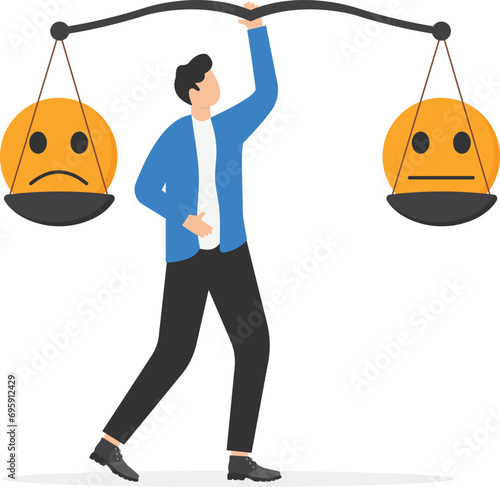 Balancing emotion control feeling between stress or sadness and happy lifestyle, emotional intelligence, man try to balance smile and sad face symbol,

