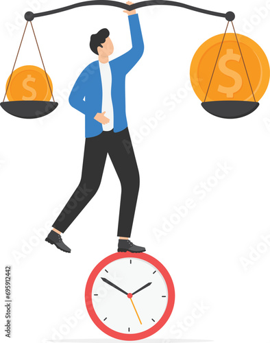 Time value of money, sum of money worth more now at present time than future, inflation or earning cost, value depends on time, businessmen balance money big and small coin on clock.

