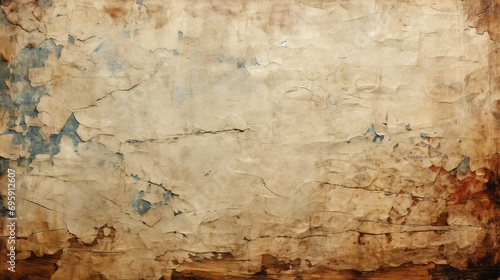 Old  worn paper with peeling paint  folds  and tears. Light brown with areas of blue and red. Rough  textured surface with bumps and ridges
