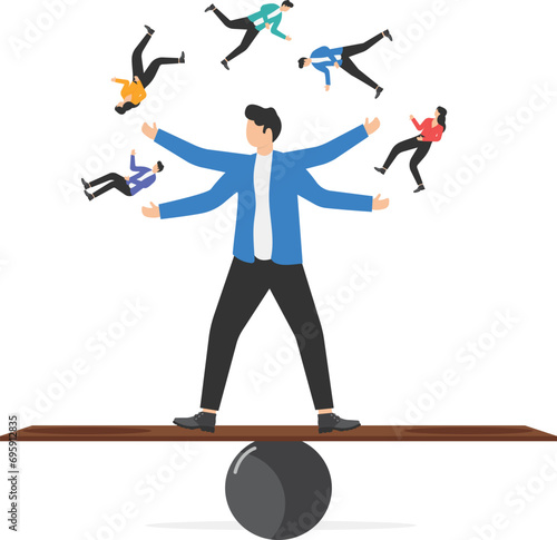 People management or HR, human resources, diversity or inclusive, career and recruitment concept, smart skillful businessman manager riding unicycle balance juggling team members diversify people.

