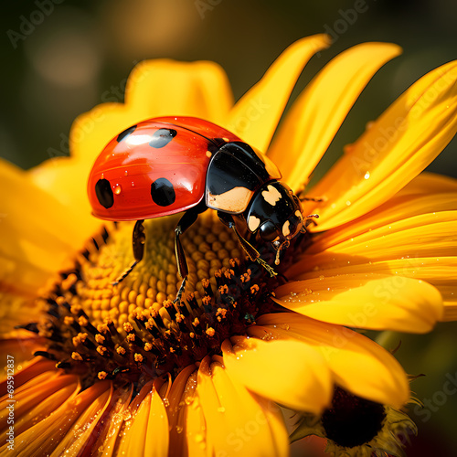 Ladybug exploring the delicate petals of a blooming sunflower.