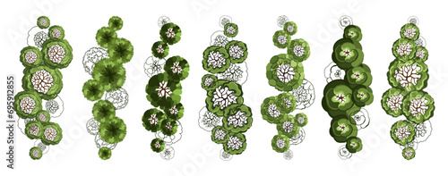 Tree for architectural floor plans. Entourage design. Various trees, bushes, and shrubs, top view for the landscape design plan. Vector illustration.