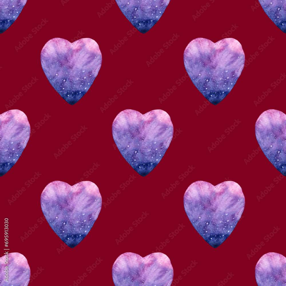 Seamless pattern of Heart shape watercolour illustration. Hand painted cosmic purple hearts on Burgundy background. For poster, sketchbook cover, print, fabric, wallpaper, wrapping paper, your design.