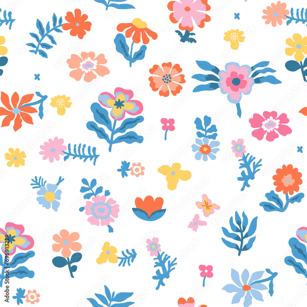 Colorful patterns depicting bright flowers, flowers, flower twigs, leaves on a white background. Blue foliage and pink, yellow and orange buds of exotic plants on a light background.