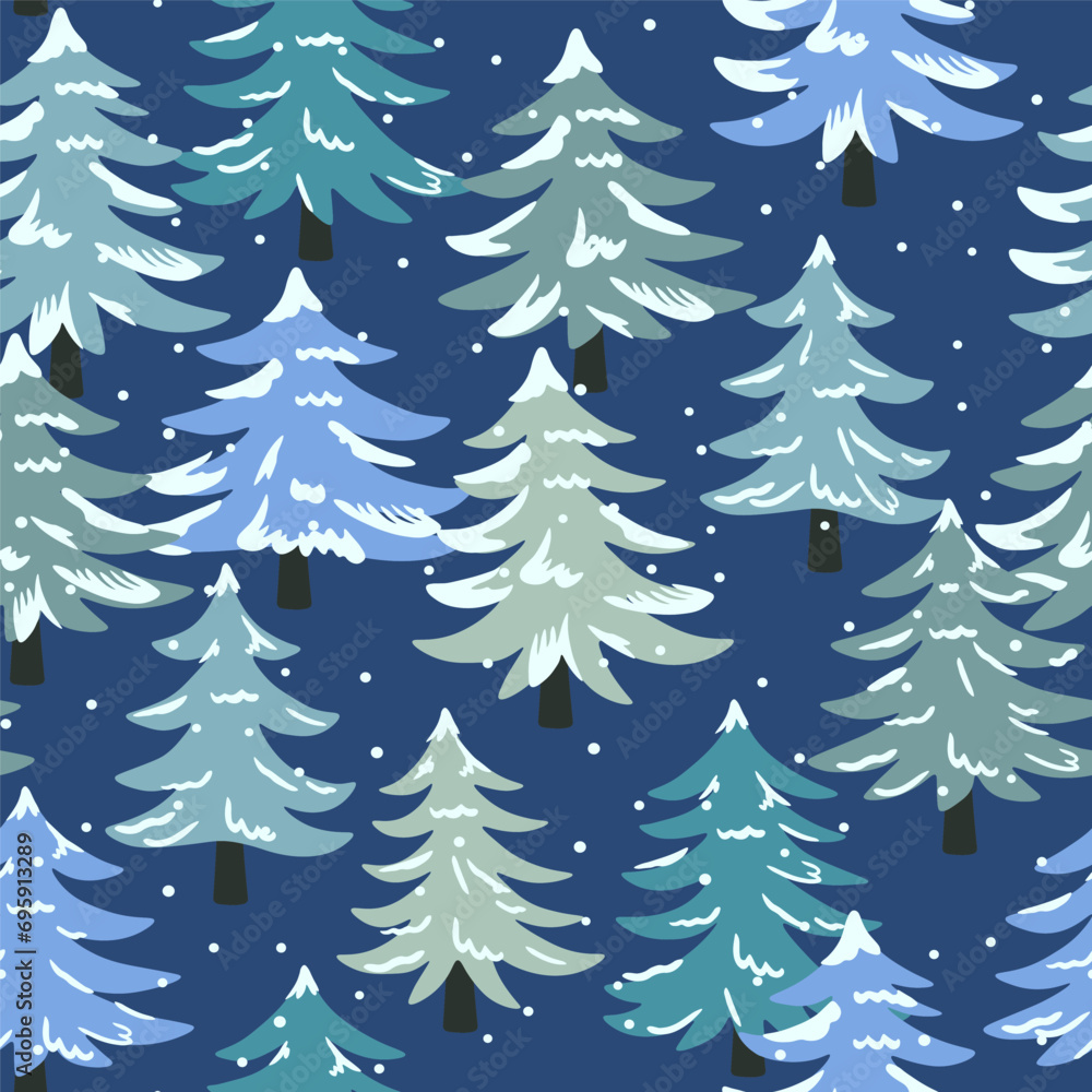 Vector seamless pattern of a Christmas tree on a blue background. Print of winter forest, pines and snowflakes for fabric, wrapping paper or wallpaper. Festive New Year's pattern.