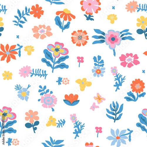 Colorful patterns depicting bright flowers, flowers, flower twigs, leaves on a white background. Blue foliage and pink, yellow and orange buds of exotic plants on a light background.