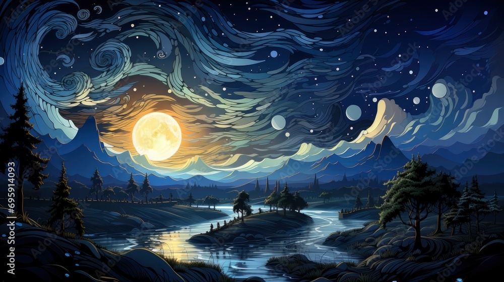 Fototapeta premium Dark Blue Starry Night Sky Big, Background Banner HD, Illustrations , Cartoon style