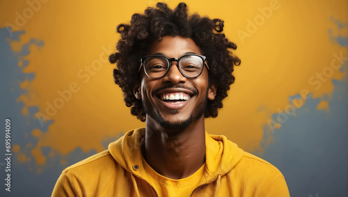 smart and ambitious african-american man with curly hair looks at the camera. Generative Ai photo