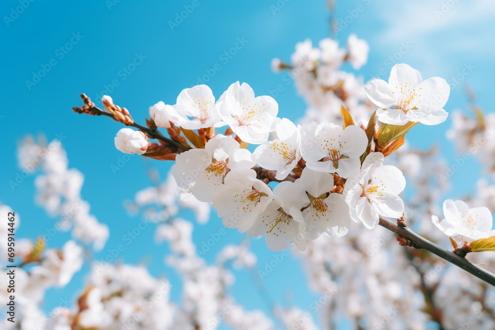 Closeup shot of beautiful white flowers on almond trees and a blue sky Closeup shot of beautiful white flowers on almond trees and a blue sky