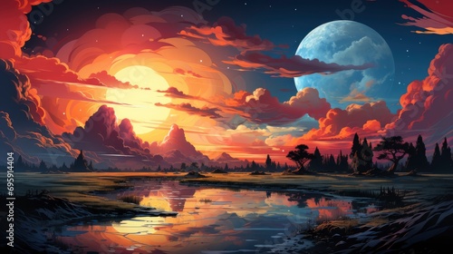 Dramadic Sunset Sky Blue Orange Light, Background Banner HD, Illustrations , Cartoon style