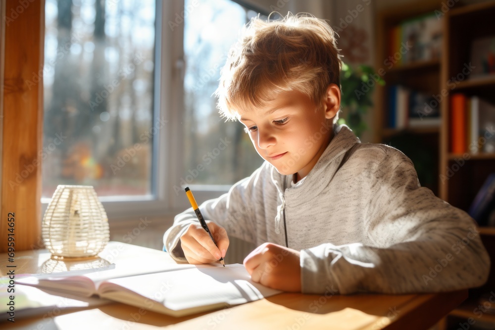 A little boy writes in a notebook while sitting at the table. The child does his homework. AI generative A little boy writes in a notebook while sitting at the table. The child does his homework. AI generative