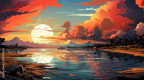 Duskromantic Sunset Orange Sky Twilight Evening, Background Banner HD, Illustrations , Cartoon style