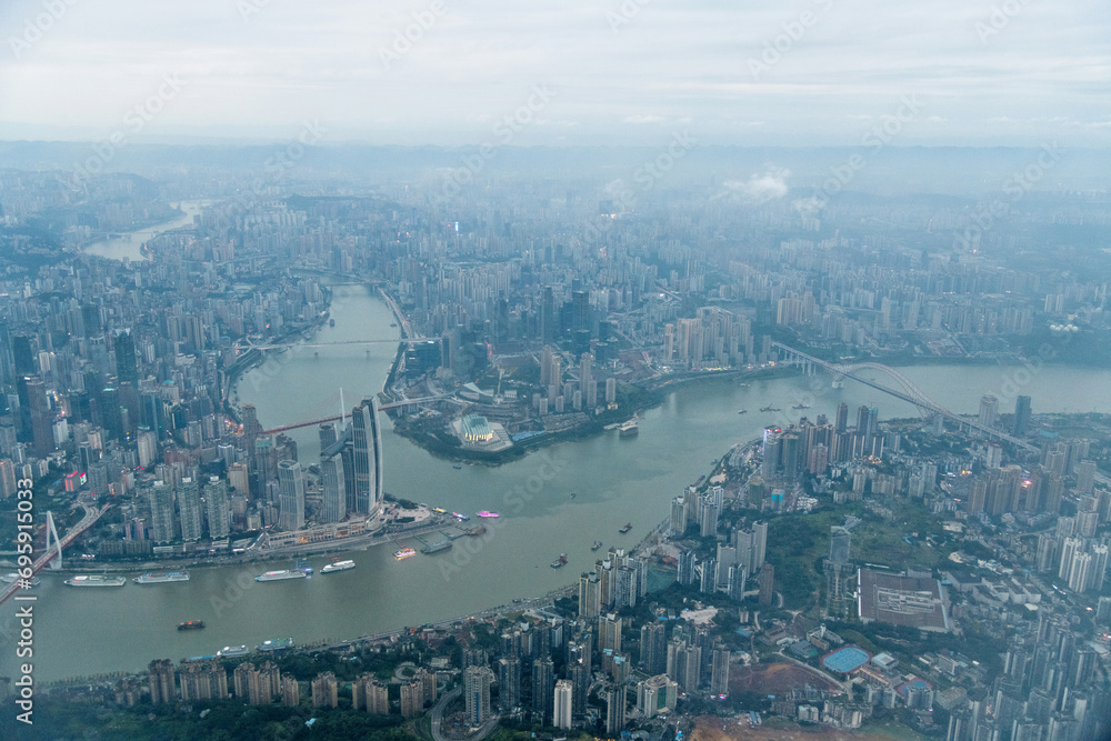 Obraz premium Aerial view of city of Chongqing and Yangtze river in China