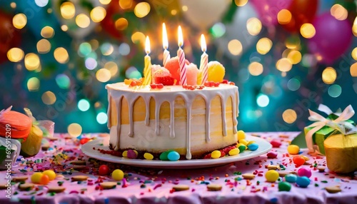 birthday cake with candles birthday party colourful background