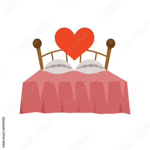 Bed with pillows for romance. Love heart icon in the bedroom, vector illustration