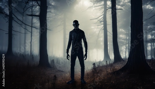 a human like monster in the misty forest a zombie standing in the dark forest horror or halloween concept tall strange and scary human silhouette the death waiting generative ai © Tomas