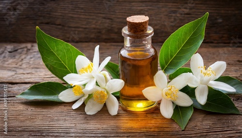 neroli essential oil with flowers on a wooden background generative ai 2
