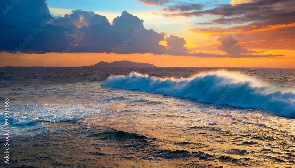 colorful ocean wave sea water in crest shape sunset light and beautiful clouds on background