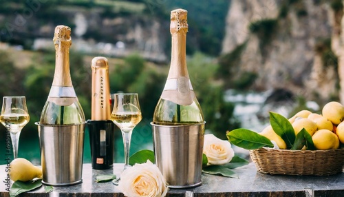 set of borgognotta bottle of prosecco or champagne wine on background