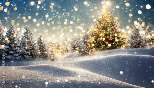 christmas background snow landscape with sparkling lights © Kristopher