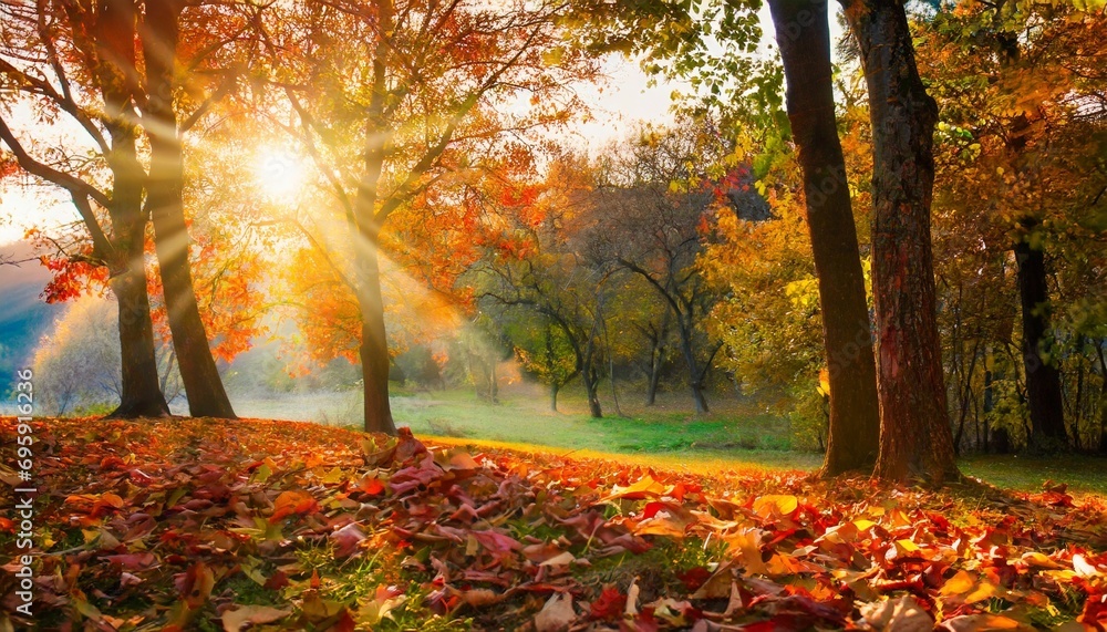 autumn landscape fall scene trees and leaves in sunlight rays