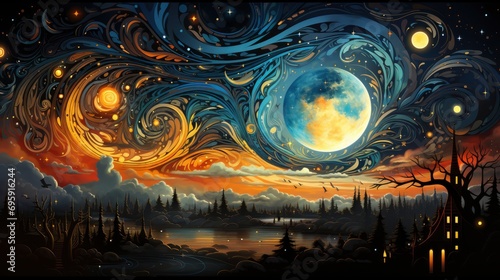 Gorgeous Milky Way Moon Sun Starry, Background Banner HD, Illustrations , Cartoon style © Alex Cuong