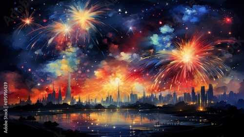 Happy Holiday Fireworks Night Sky Your, Background Banner HD, Illustrations , Cartoon style